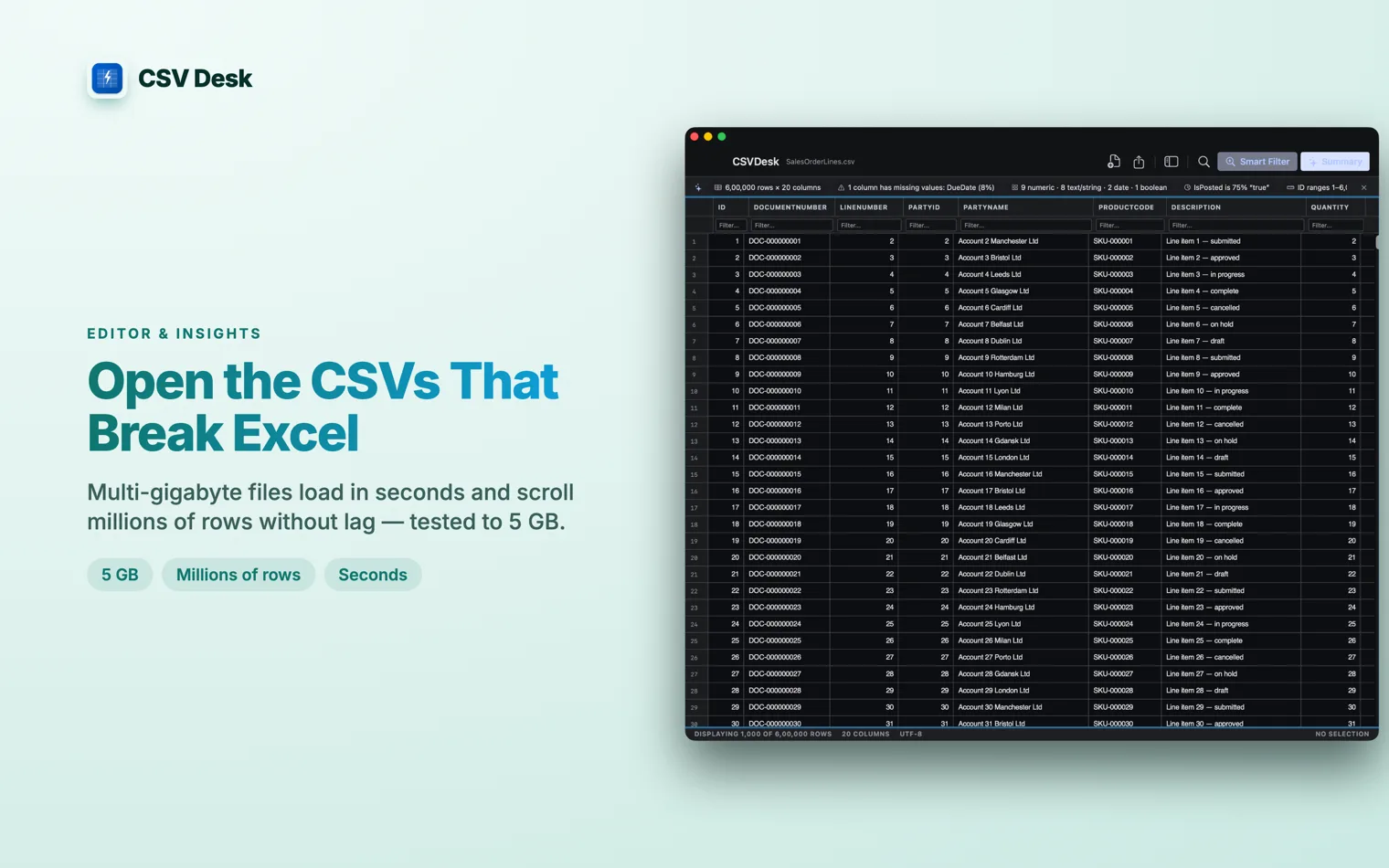 The CSV Desk App Store cover: “Open the CSVs That Break Excel”, beside a 600,000 row file open in the grid