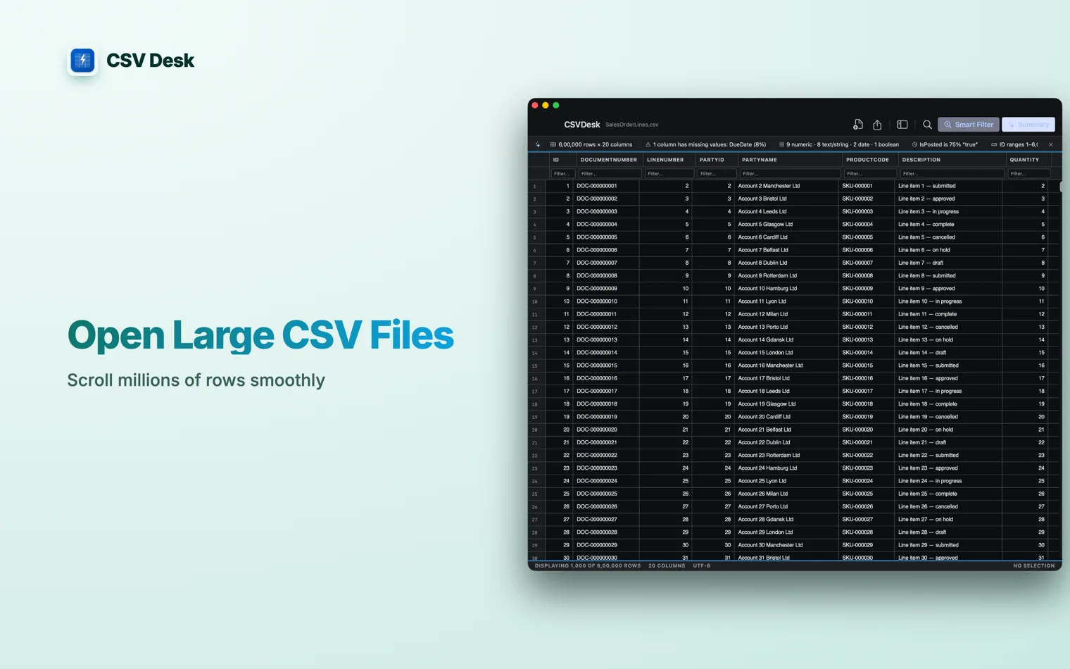 The CSV Desk App Store cover: “Open Large CSV Files”, beside a 600,000 row file open in the grid