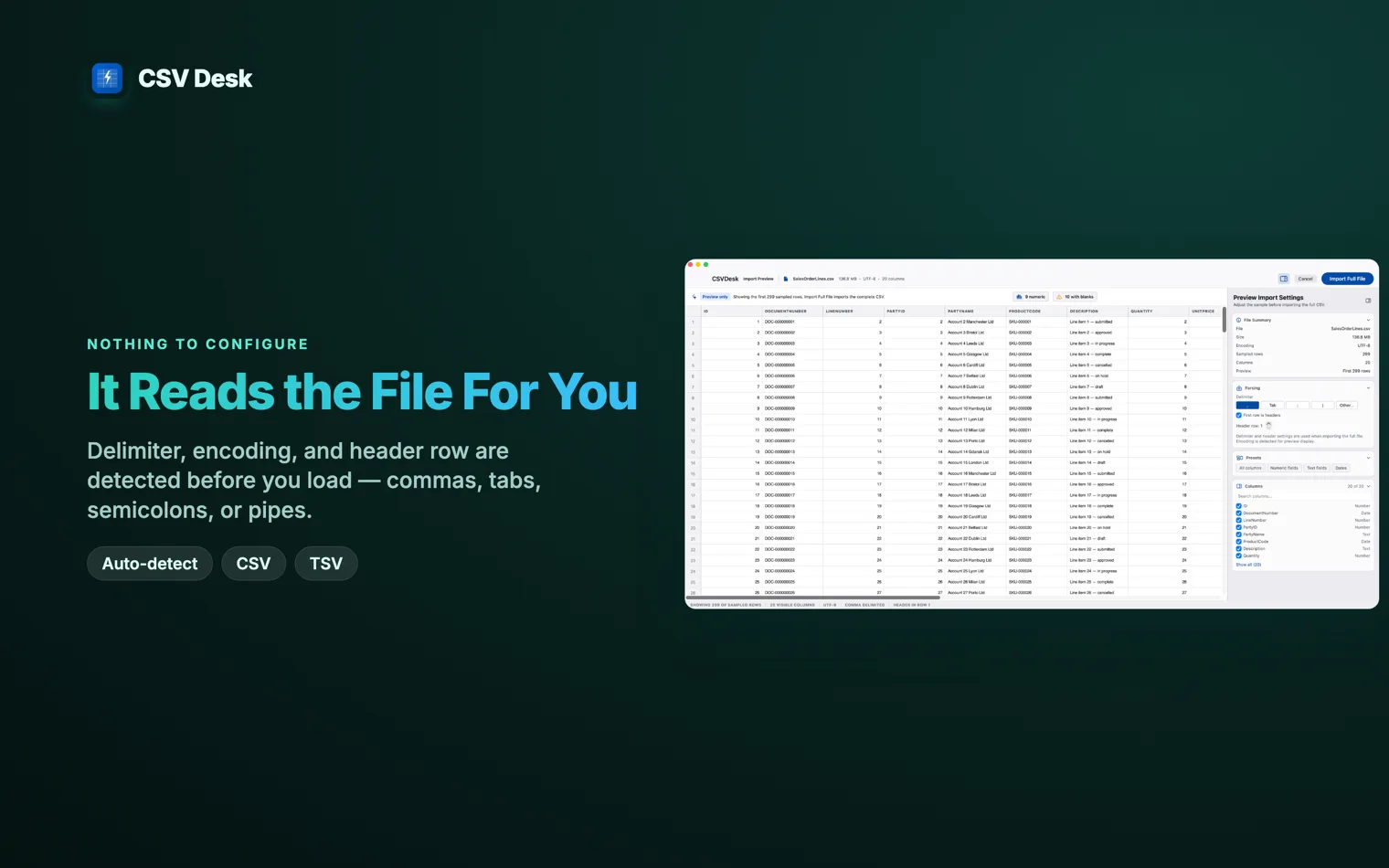 Cover reading “It Reads the File For You”, beside the import preview with the detected delimiter, encoding and header row