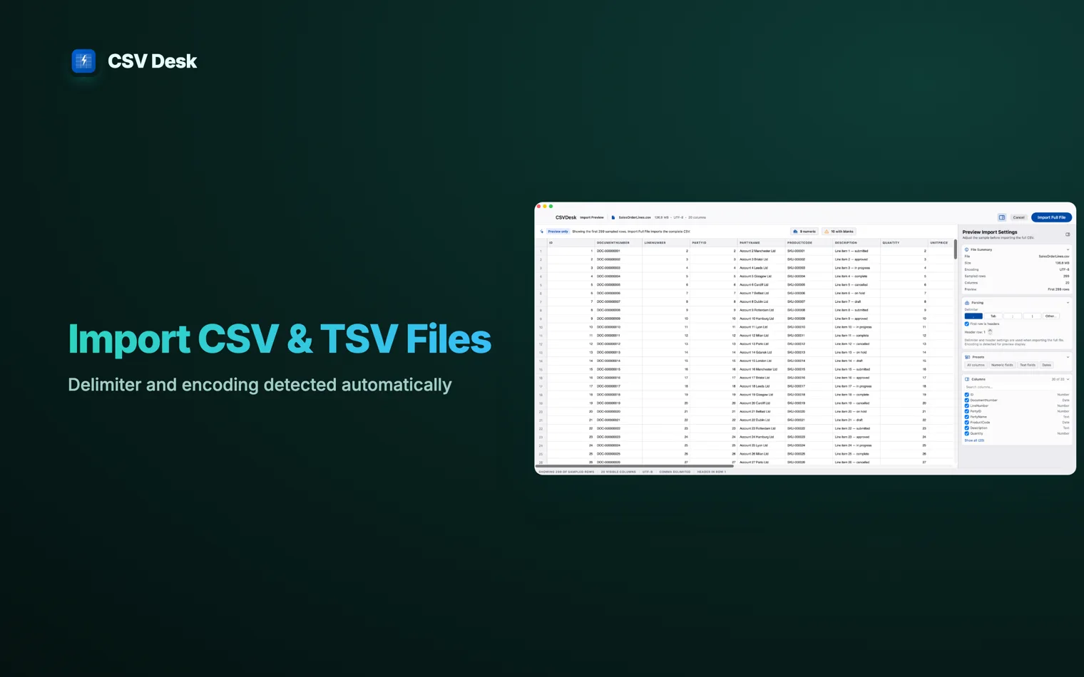 Cover reading “Import CSV & TSV Files”, beside the import preview with the detected delimiter, encoding and header row