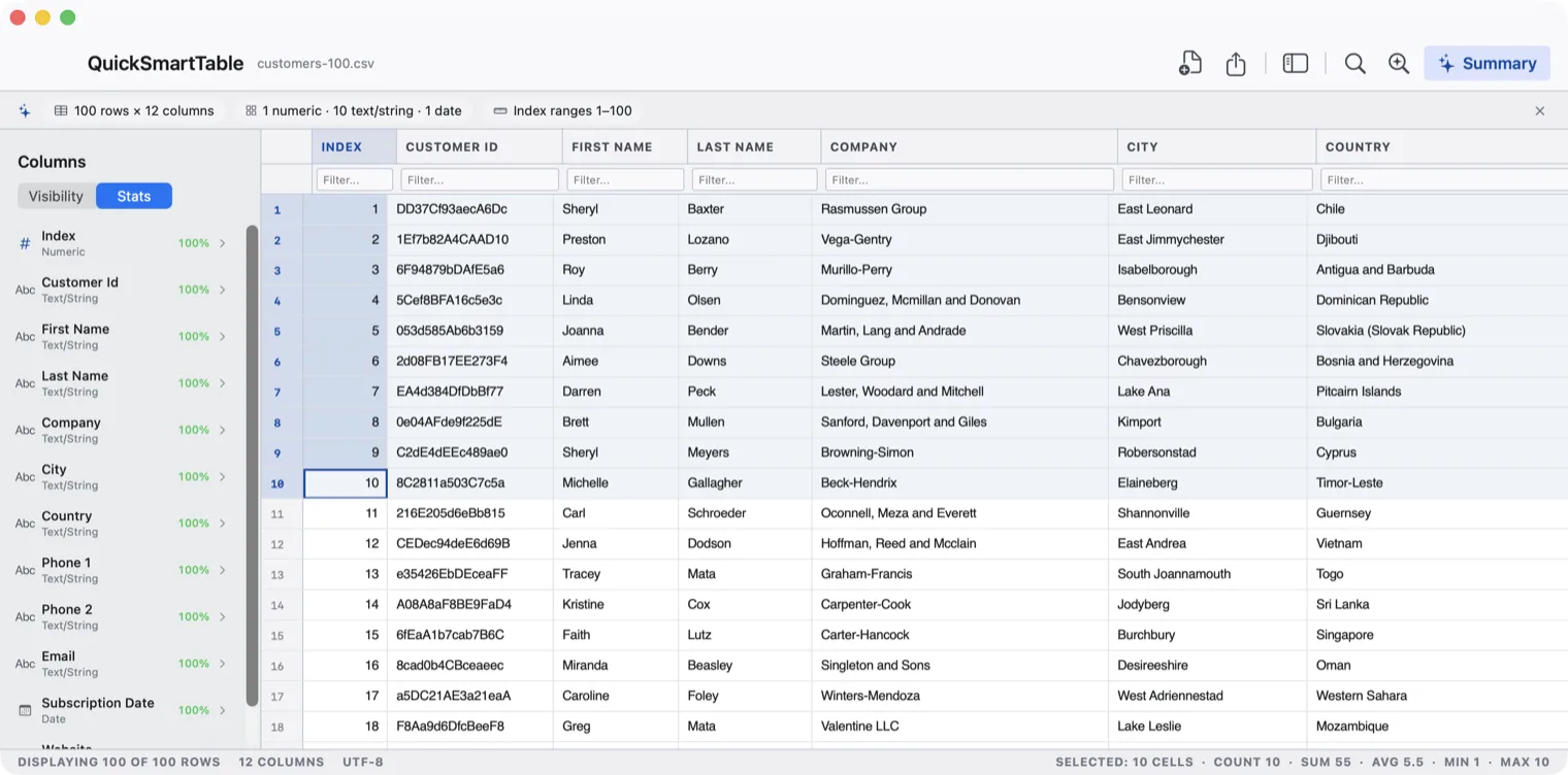 The Column Explorer beside the grid, listing each column with its type and completeness