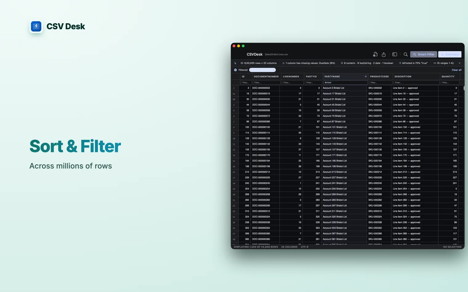 Cover reading “Sort & Filter”, beside a sales file filtered by party name