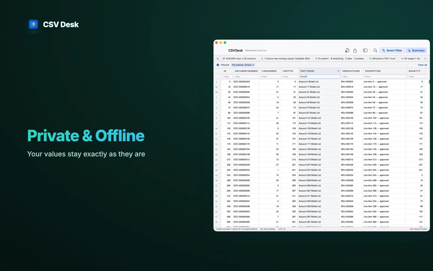 Cover reading “Private & Offline”, beside a filtered file open in the grid