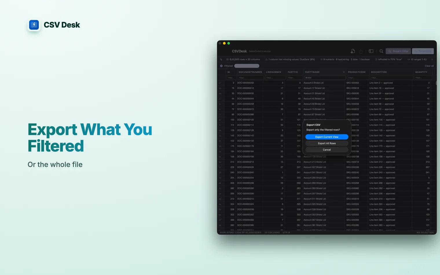 Cover reading “Export What You Filtered”, beside the prompt offering the current view or all rows