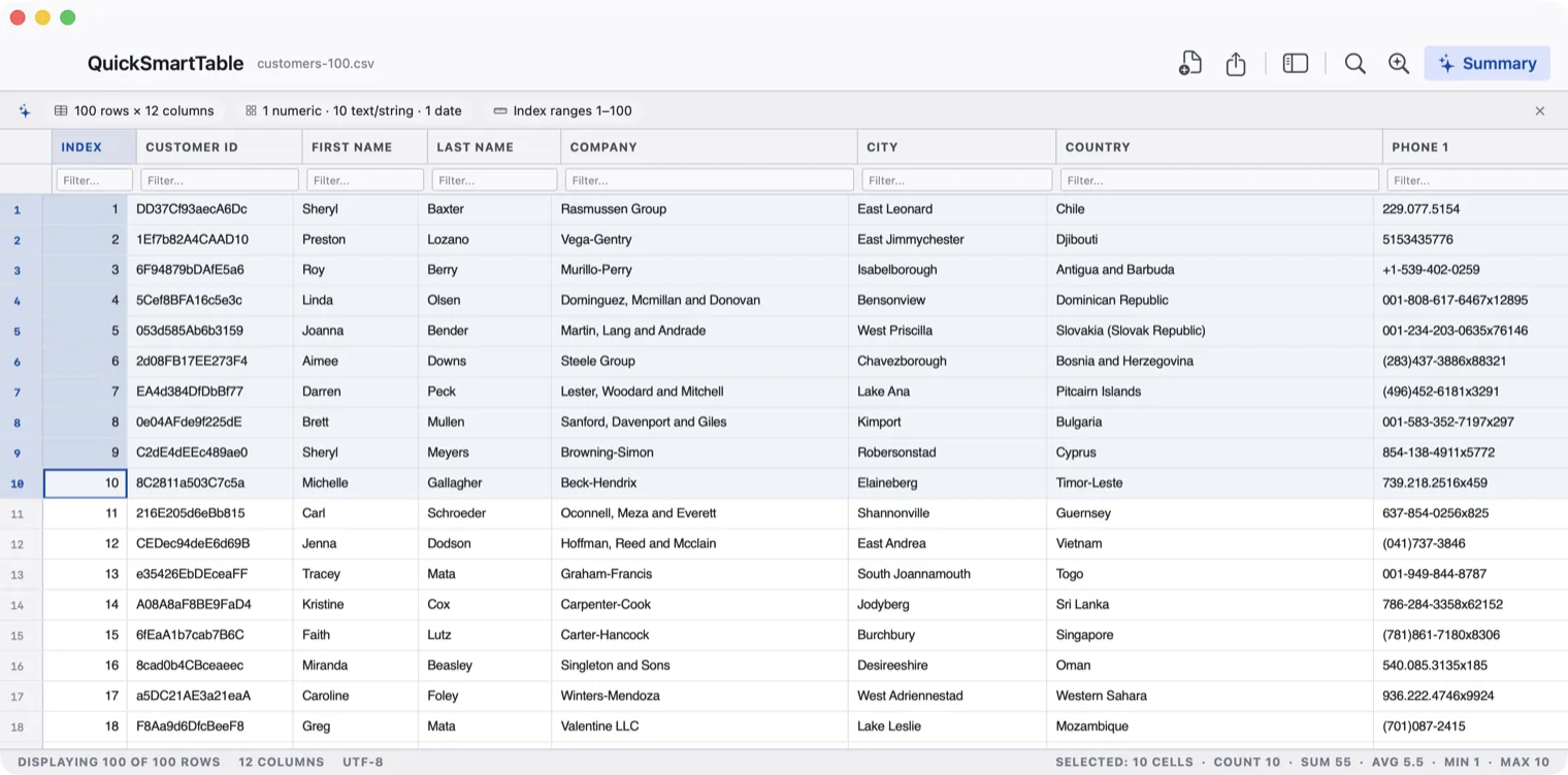 A file open in CSV Desk with the full row count shown in the status bar